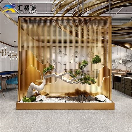 南京餐台中式不锈钢屏风隔断带灯假山屏风餐厅隔断