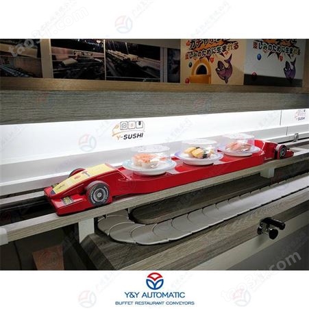 日本智能回转寿司店设备_餐厅轨道送餐列车输送设备_智能回转火锅小火车送餐